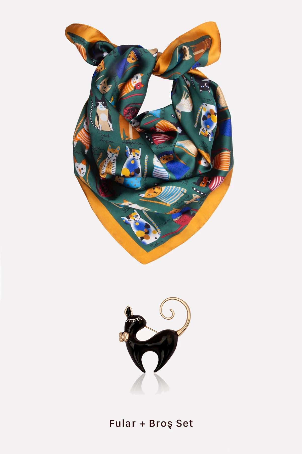 Kedili Fular ve Broş Seti