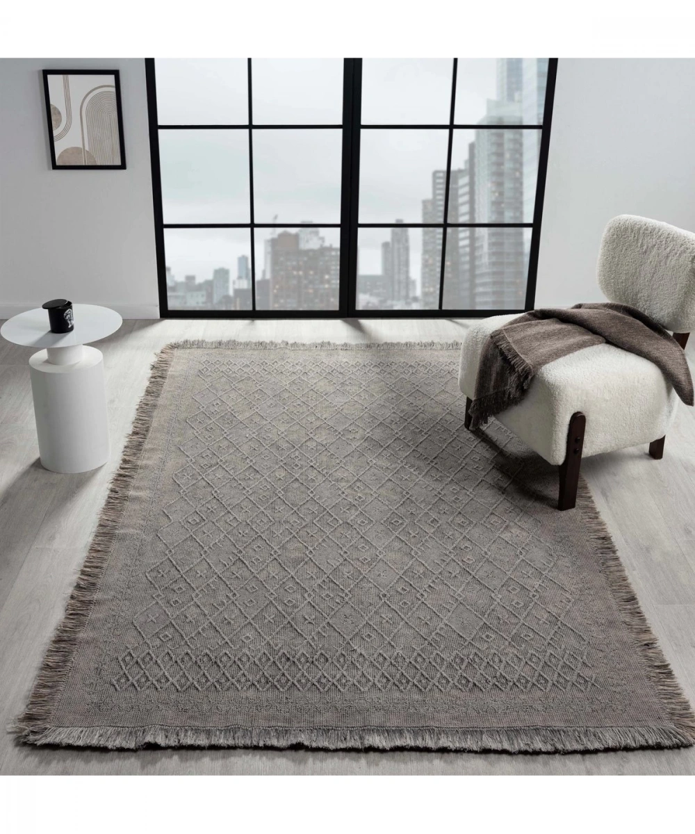 Antique PRM Stone - Dört Tarafı Saçaklı Pamuklu Yıkanabilir Kilim