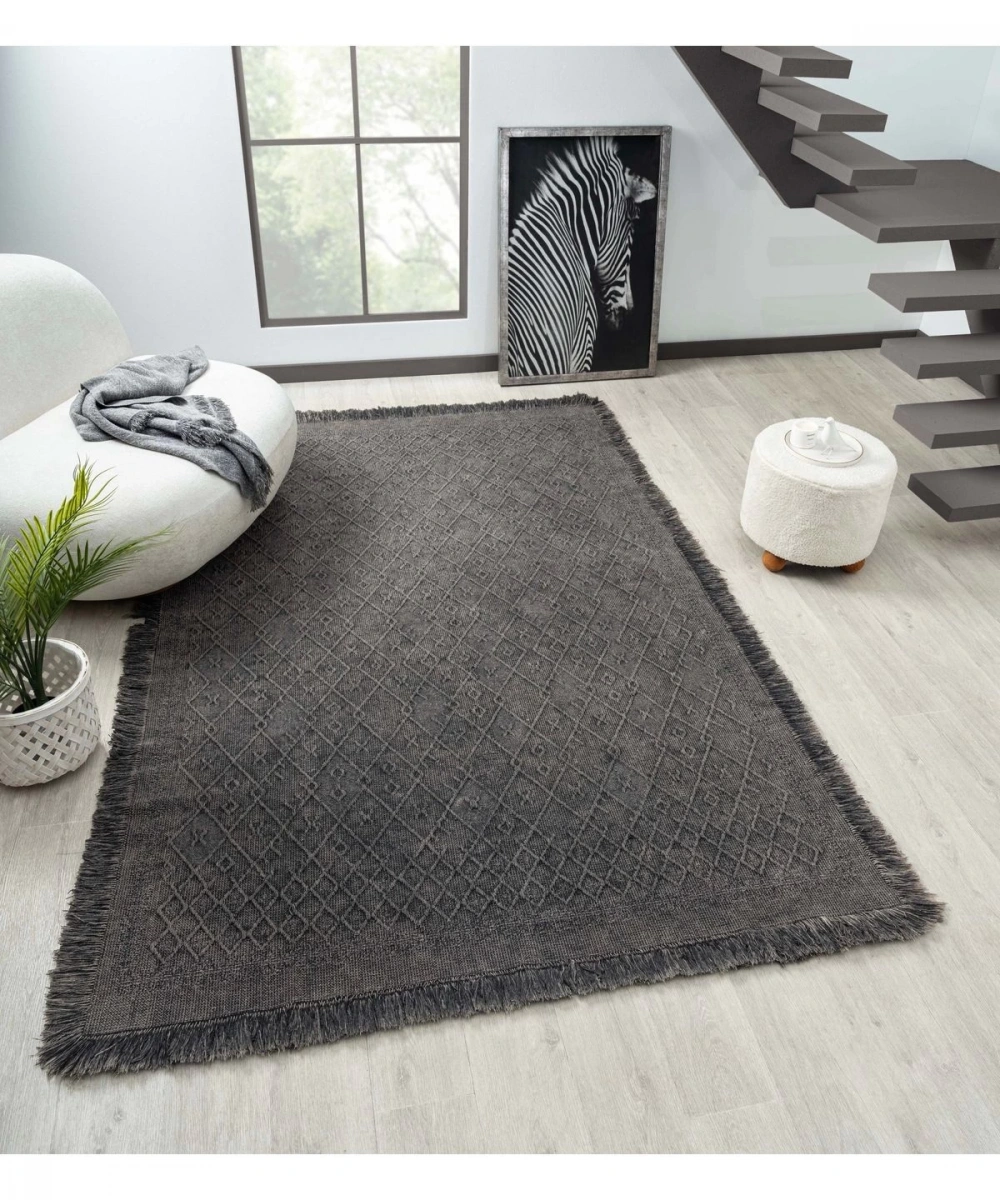 Antique PRM Antrasit Grey - Dört Tarafı Saçaklı Pamuklu Yıkanabilir Kilim