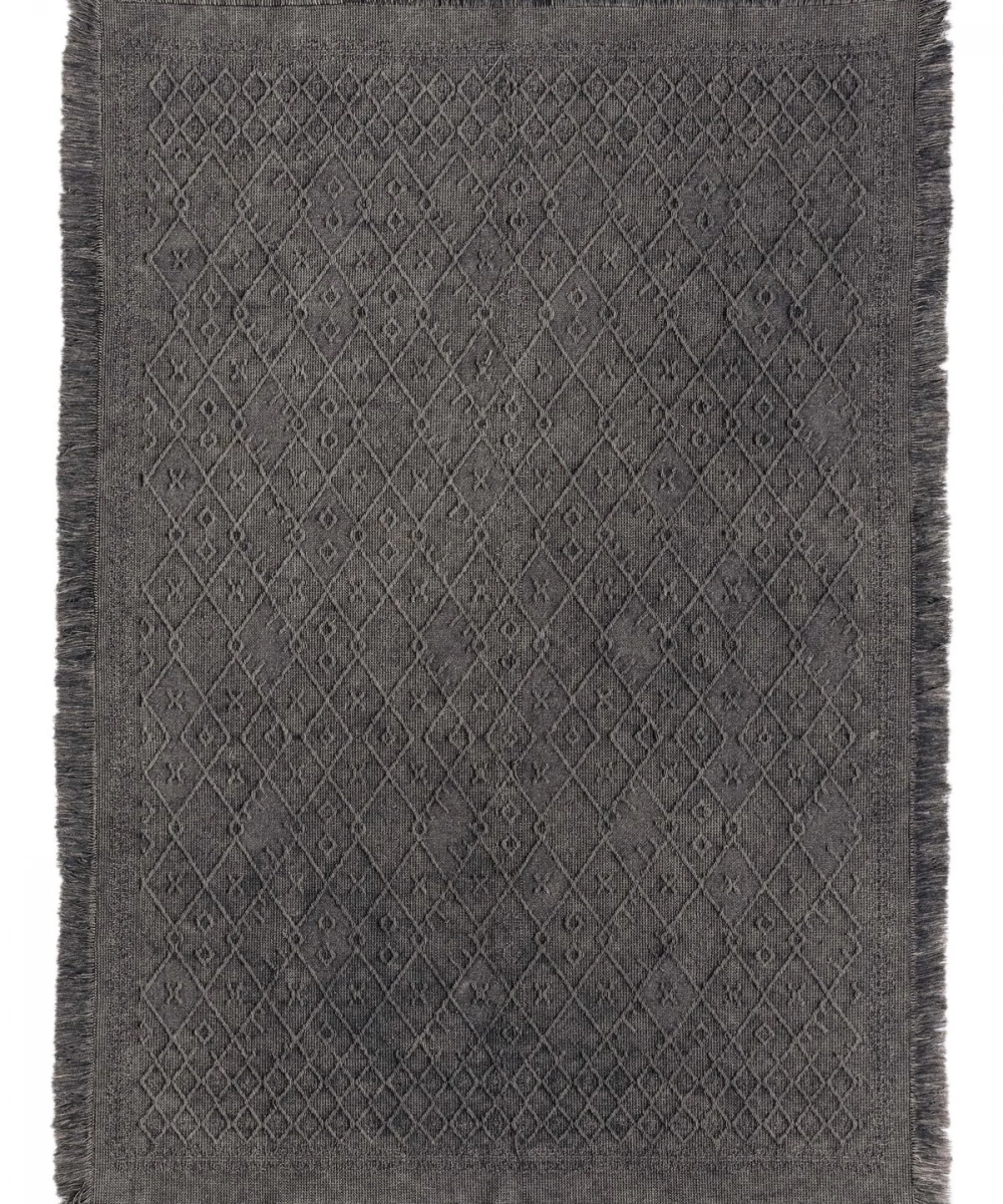Antique PRM Antrasit Grey - Dört Tarafı Saçaklı Pamuklu Yıkanabilir Kilim
