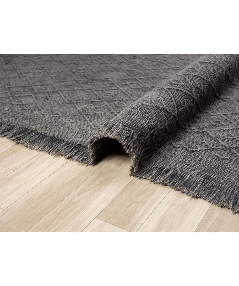 Antique PRM Antrasit Grey - Dört Tarafı Saçaklı Pamuklu Yıkanabilir Kilim