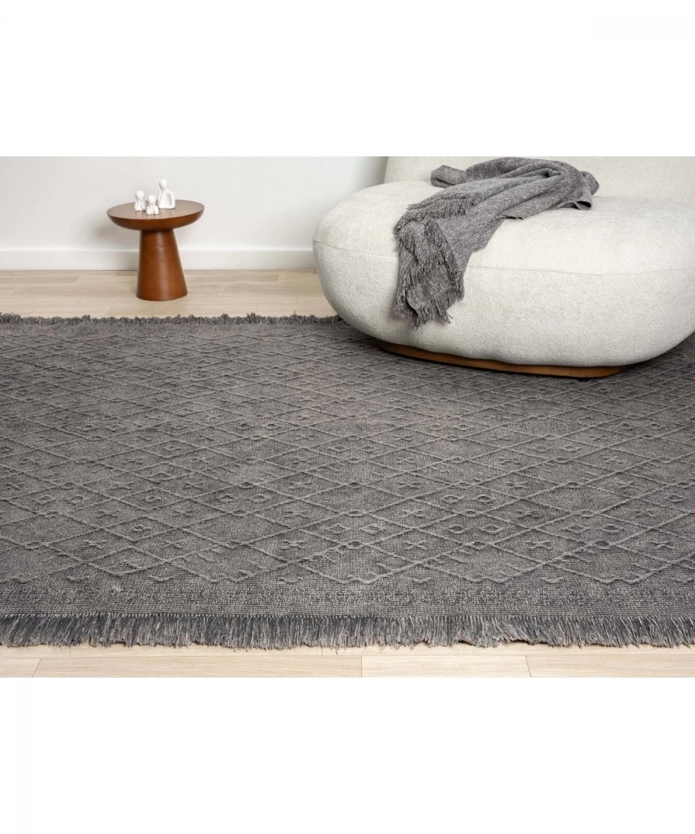 Antique PRM Antrasit Grey - Dört Tarafı Saçaklı Pamuklu Yıkanabilir Kilim
