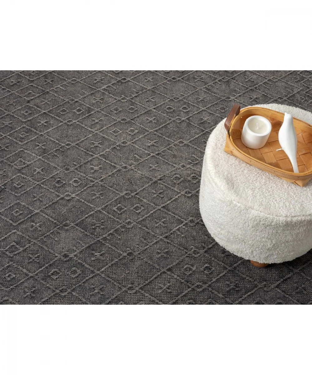 Antique PRM Antrasit Grey - Dört Tarafı Saçaklı Pamuklu Yıkanabilir Kilim