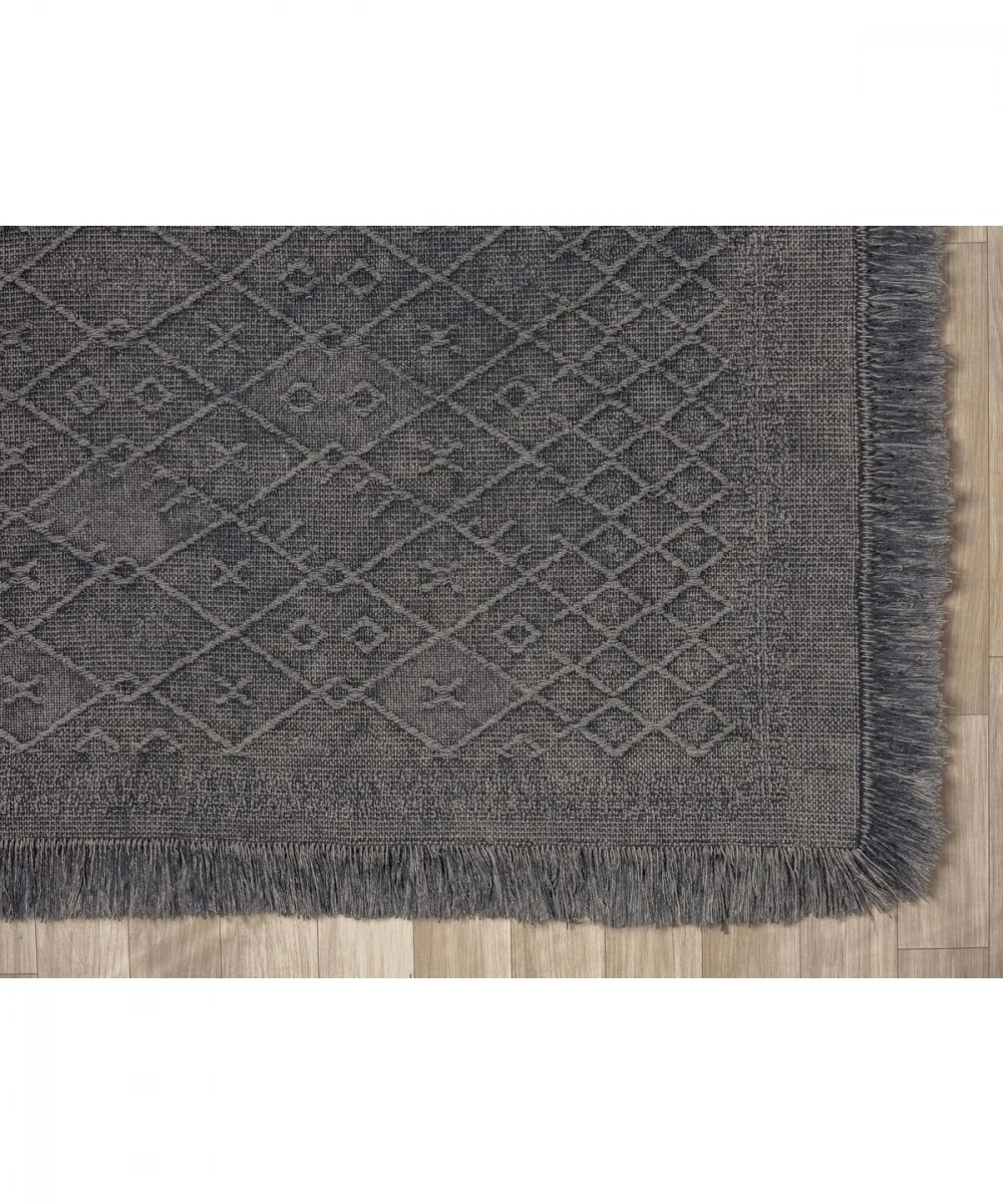 Antique PRM Antrasit Grey - Dört Tarafı Saçaklı Pamuklu Yıkanabilir Kilim