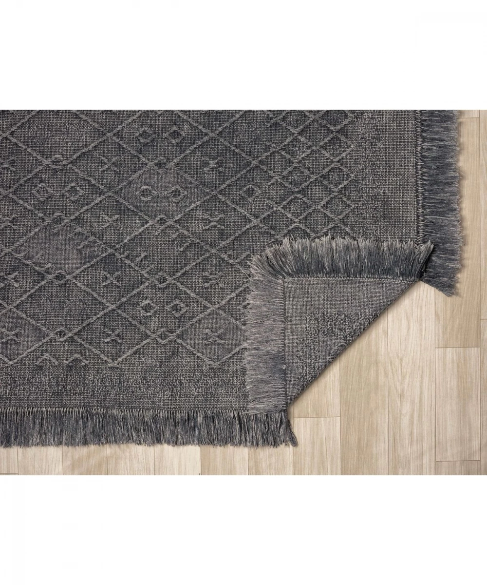 Antique PRM Antrasit Grey - Dört Tarafı Saçaklı Pamuklu Yıkanabilir Kilim