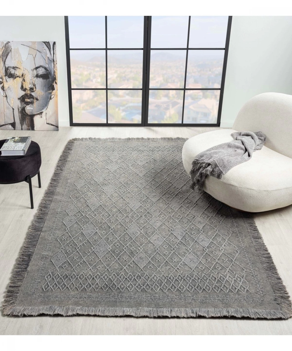 Antique PRM Grey - Dört Tarafı Saçaklı Pamuklu Yıkanabilir Kilim