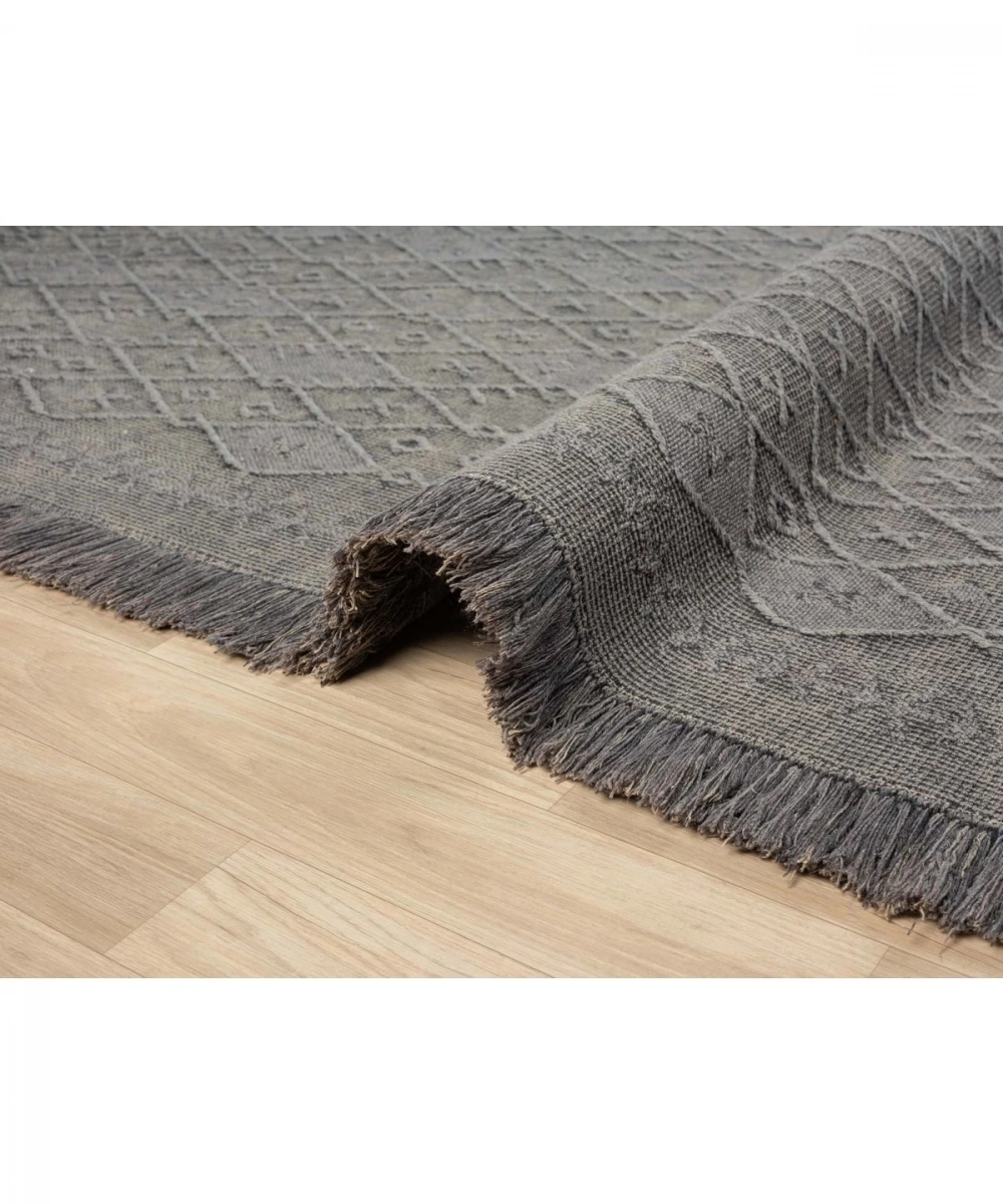 Antique PRM Grey - Dört Tarafı Saçaklı Pamuklu Yıkanabilir Kilim