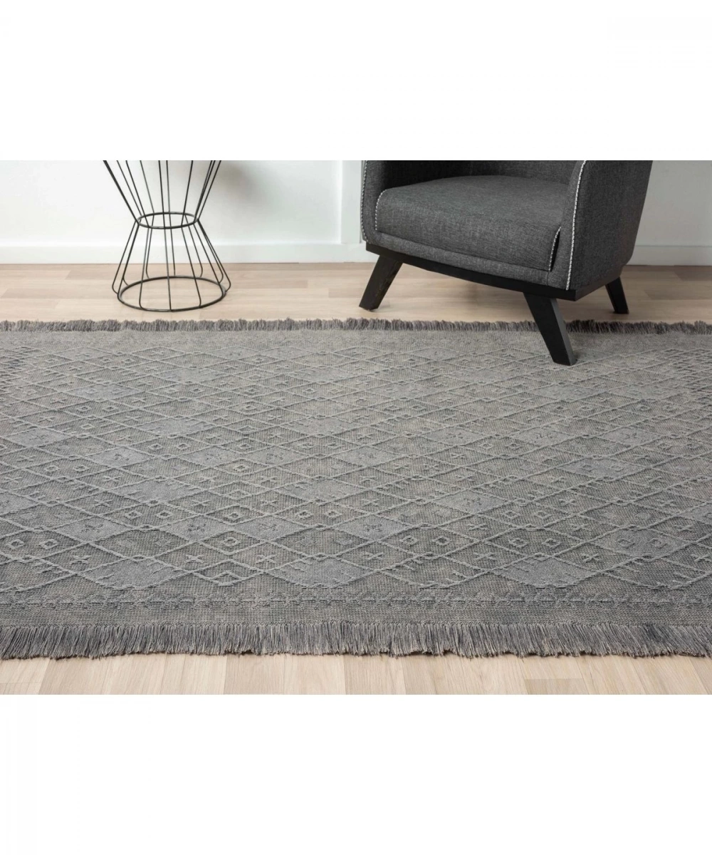 Antique PRM Grey - Dört Tarafı Saçaklı Pamuklu Yıkanabilir Kilim