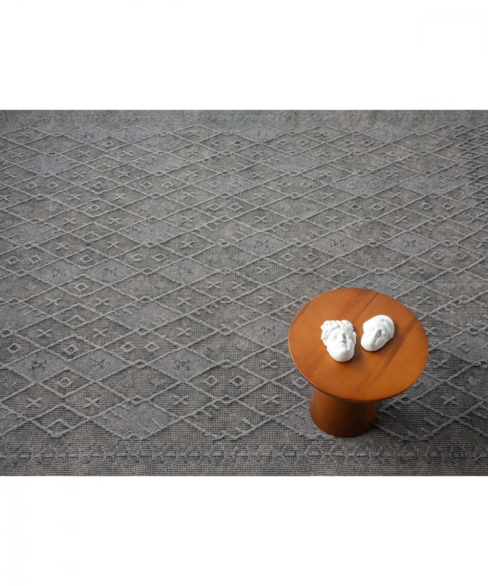 Antique PRM Grey - Dört Tarafı Saçaklı Pamuklu Yıkanabilir Kilim