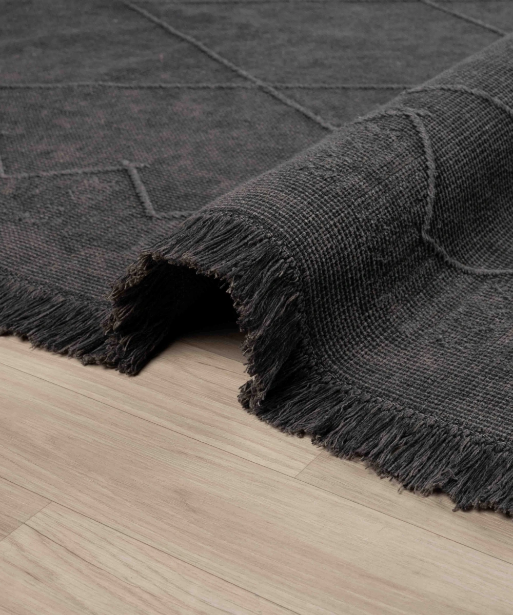 Antique MNC Antrasit Grey - Dört Tarafı Saçaklı Pamuklu Yıkanabilir Kilim