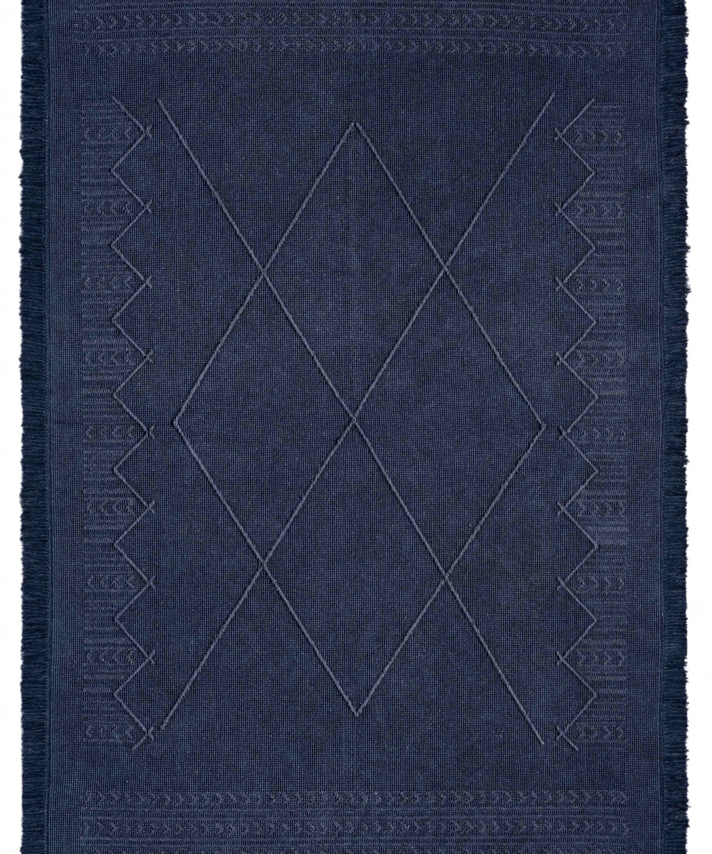 Antique MNC Dark Blue - Dört Tarafı Saçaklı Pamuklu Yıkanabilir Kilim
