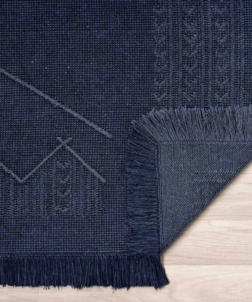 Antique MNC Dark Blue - Dört Tarafı Saçaklı Pamuklu Yıkanabilir Kilim
