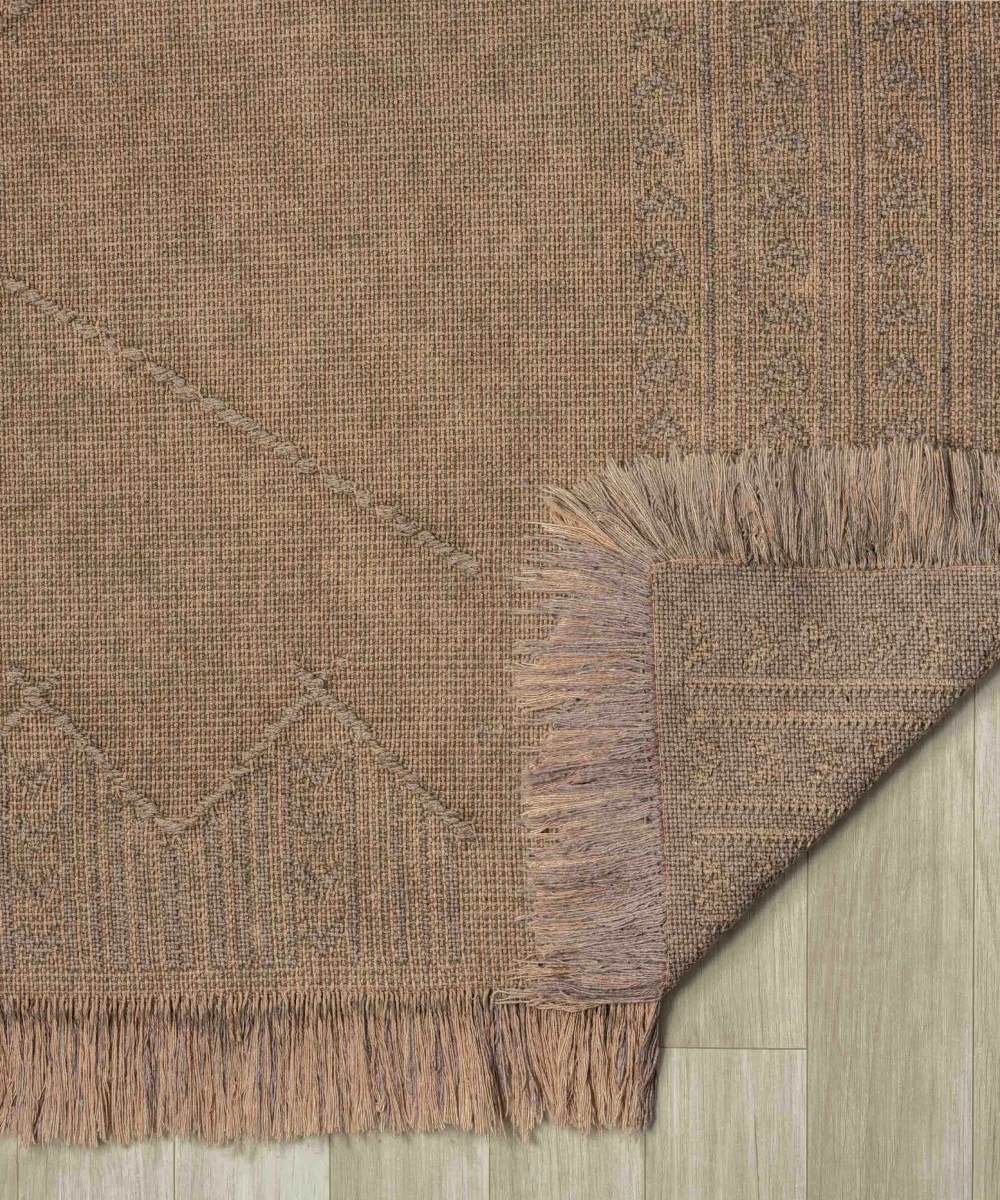 Antique MNC Light Brown - Dört Tarafı Saçaklı Pamuklu Yıkanabilir Kilim