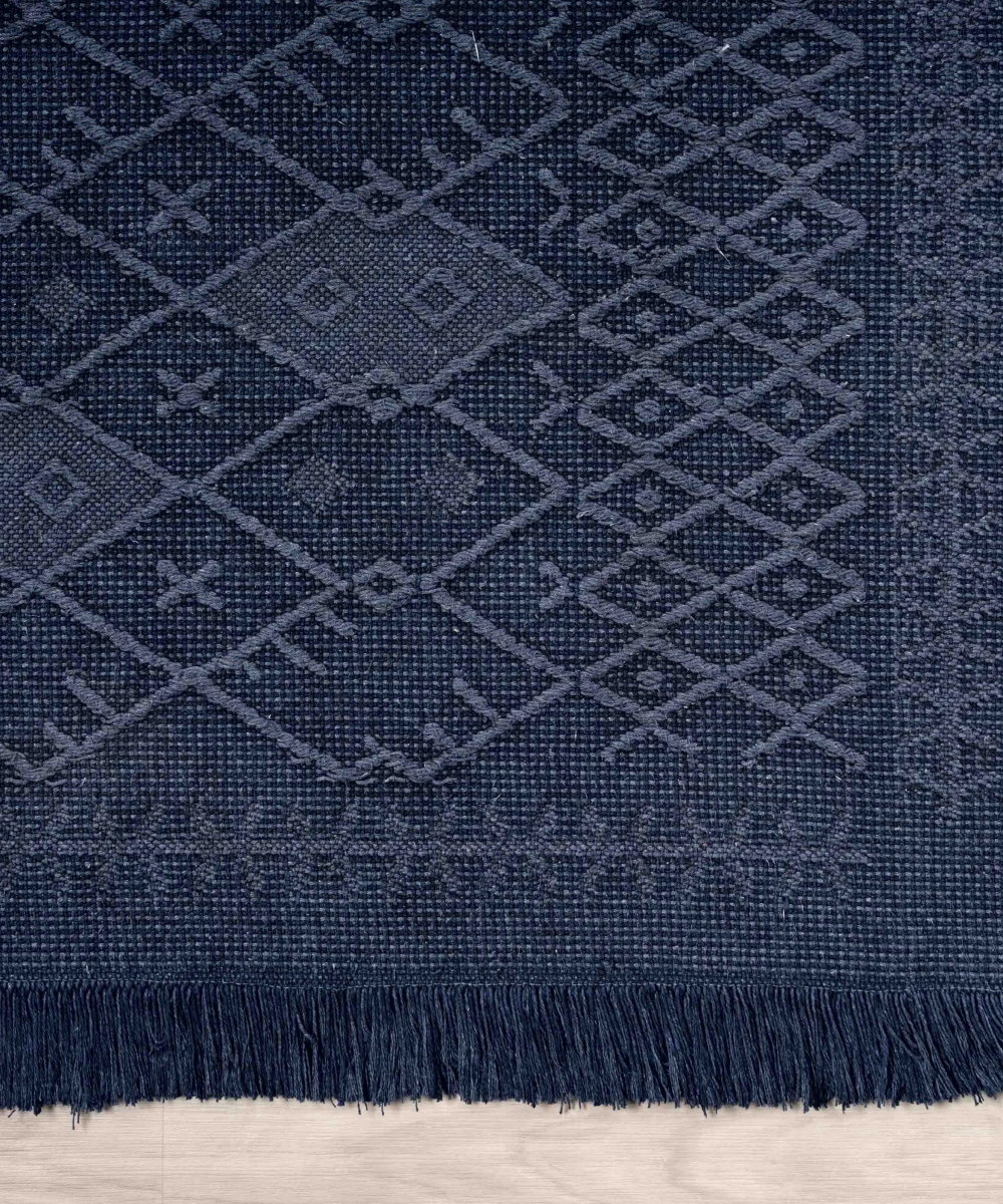 Antique PRM Dark Blue - Dört Tarafı Saçaklı Pamuklu Yıkanabilir Kilim