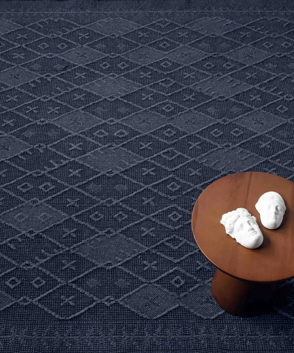 Antique PRM Dark Blue - Dört Tarafı Saçaklı Pamuklu Yıkanabilir Kilim