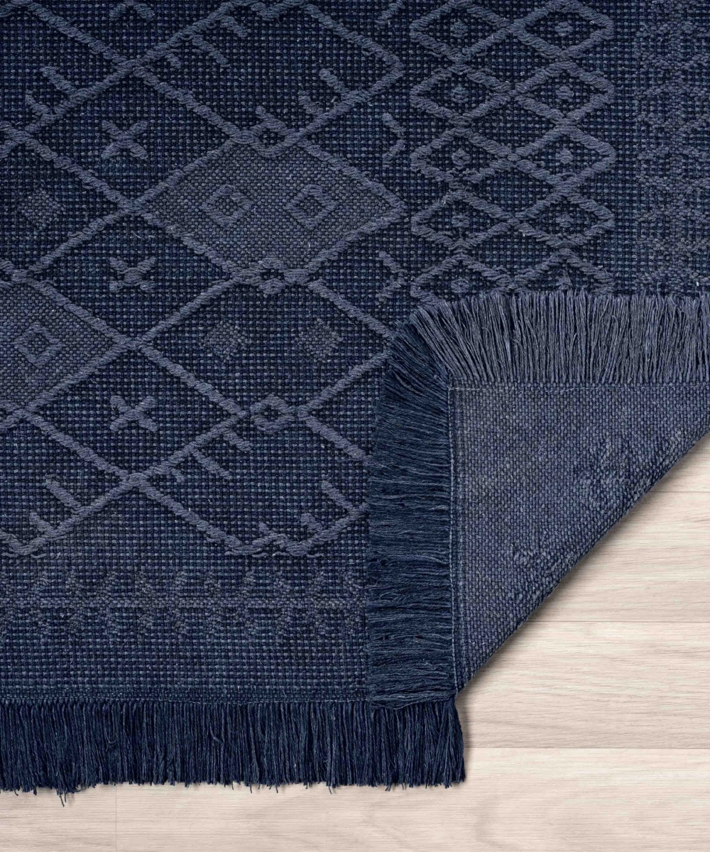 Antique PRM Dark Blue - Dört Tarafı Saçaklı Pamuklu Yıkanabilir Kilim