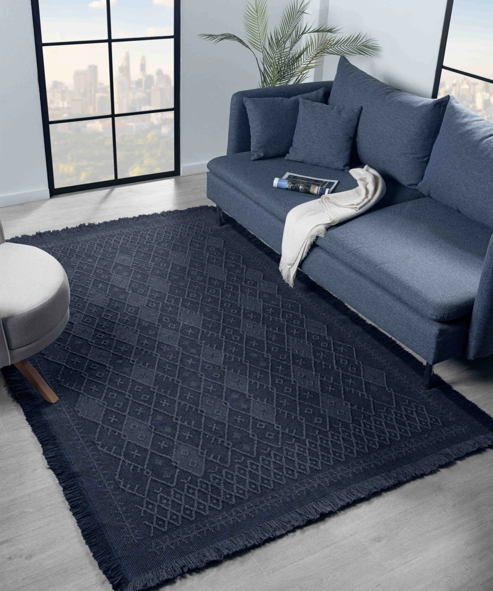 Antique PRM Dark Blue - Dört Tarafı Saçaklı Pamuklu Yıkanabilir Kilim