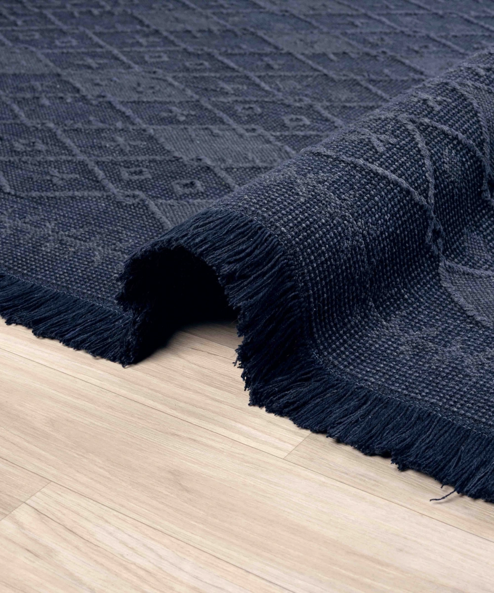 Antique PRM Dark Blue - Dört Tarafı Saçaklı Pamuklu Yıkanabilir Kilim
