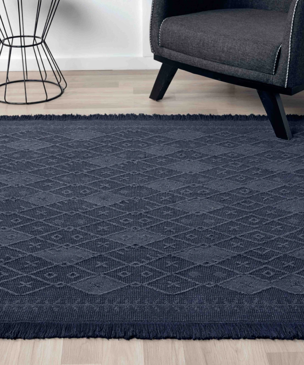 Antique PRM Dark Blue - Dört Tarafı Saçaklı Pamuklu Yıkanabilir Kilim