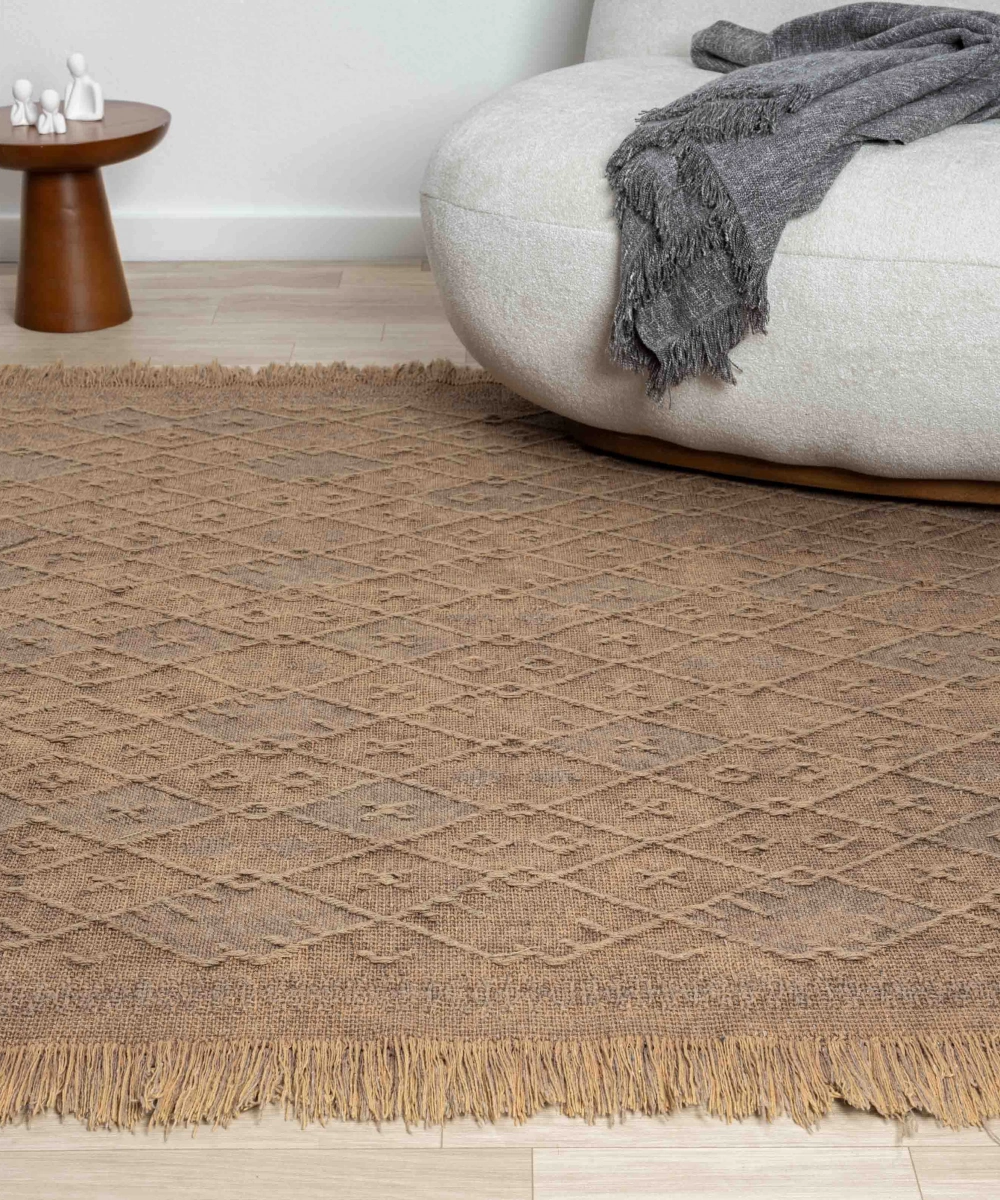 Antique PRM Light Brown - Dört Tarafı Saçaklı Pamuklu Yıkanabilir Kilim