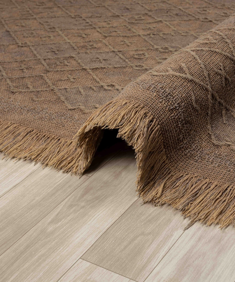 Antique PRM Light Brown - Dört Tarafı Saçaklı Pamuklu Yıkanabilir Kilim