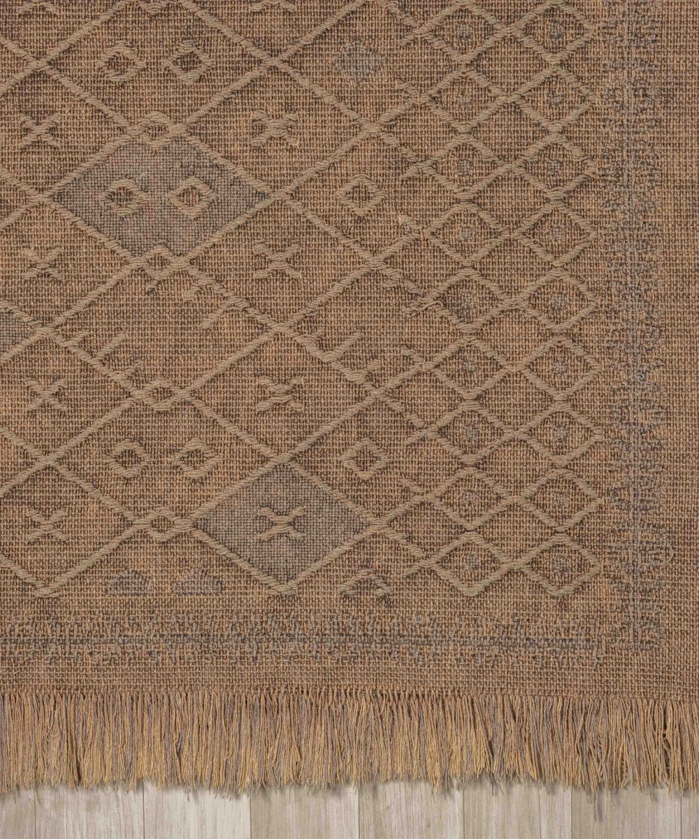 Antique PRM Light Brown - Dört Tarafı Saçaklı Pamuklu Yıkanabilir Kilim