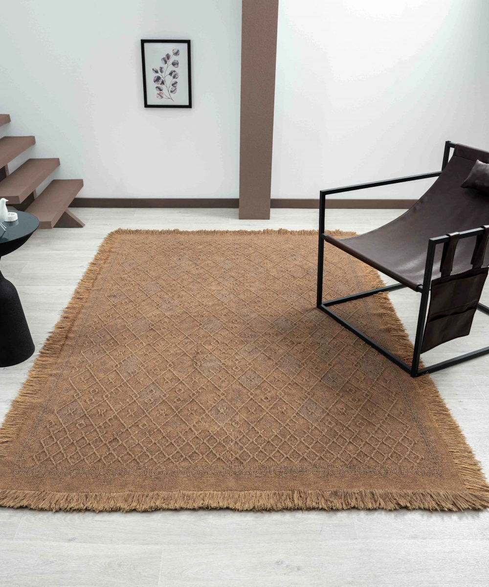 Antique PRM Light Brown - Dört Tarafı Saçaklı Pamuklu Yıkanabilir Kilim