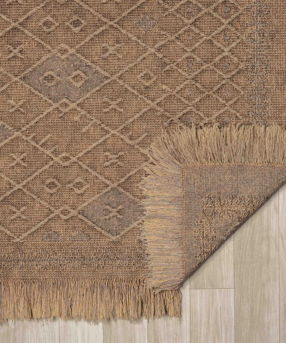 Antique PRM Light Brown - Dört Tarafı Saçaklı Pamuklu Yıkanabilir Kilim