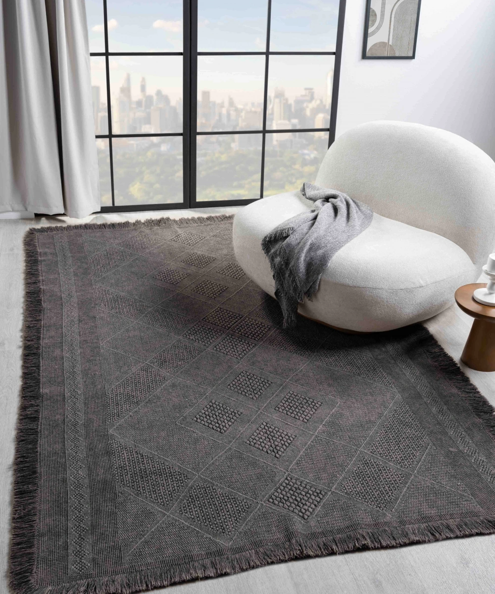 Antique SPT Antrasit Grey - Dört Tarafı Saçaklı Pamuklu Yıkanabilir Kilim