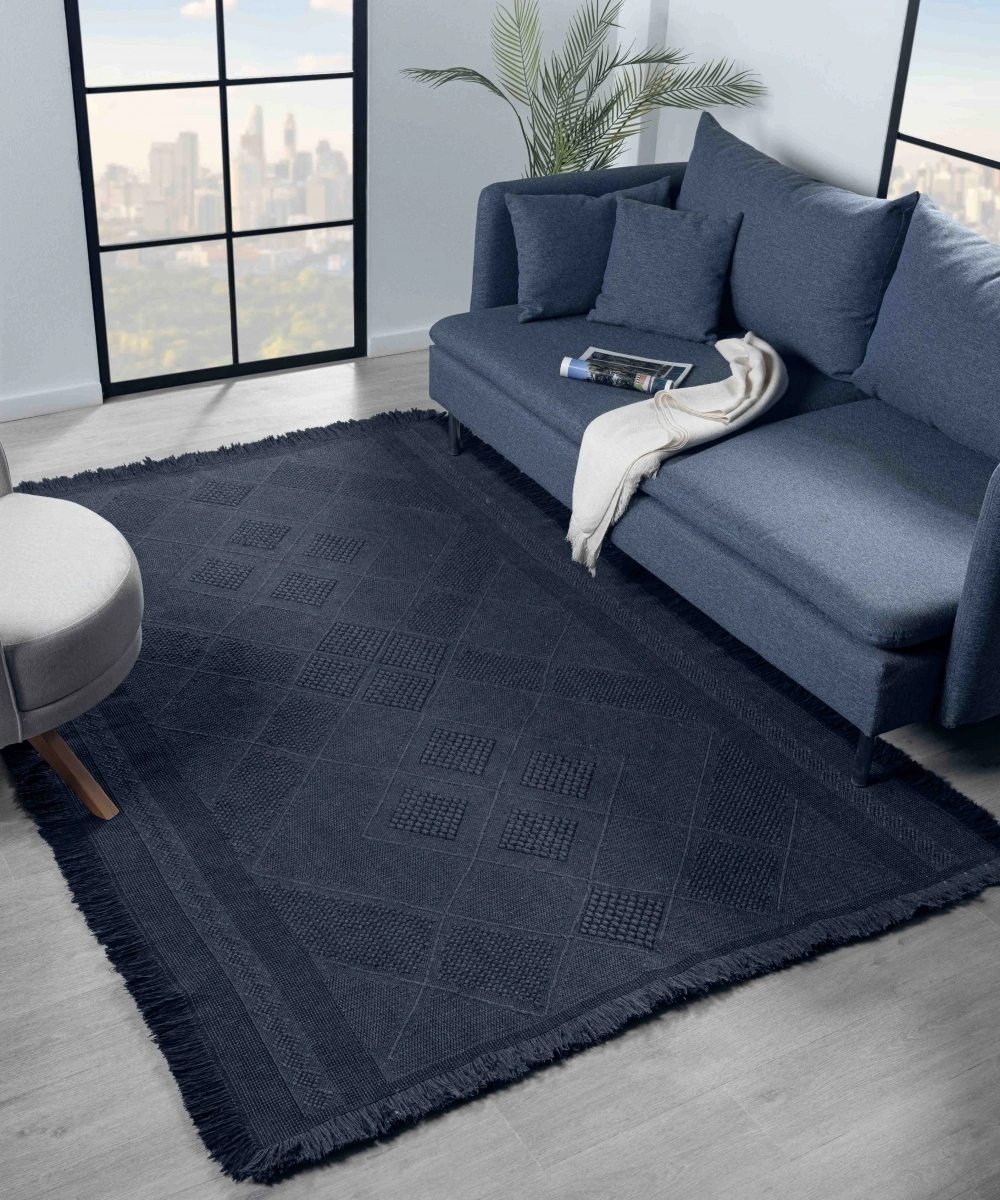 Antique SPT Dark Blue - Dört Tarafı Saçaklı Pamuklu Yıkanabilir Kilim