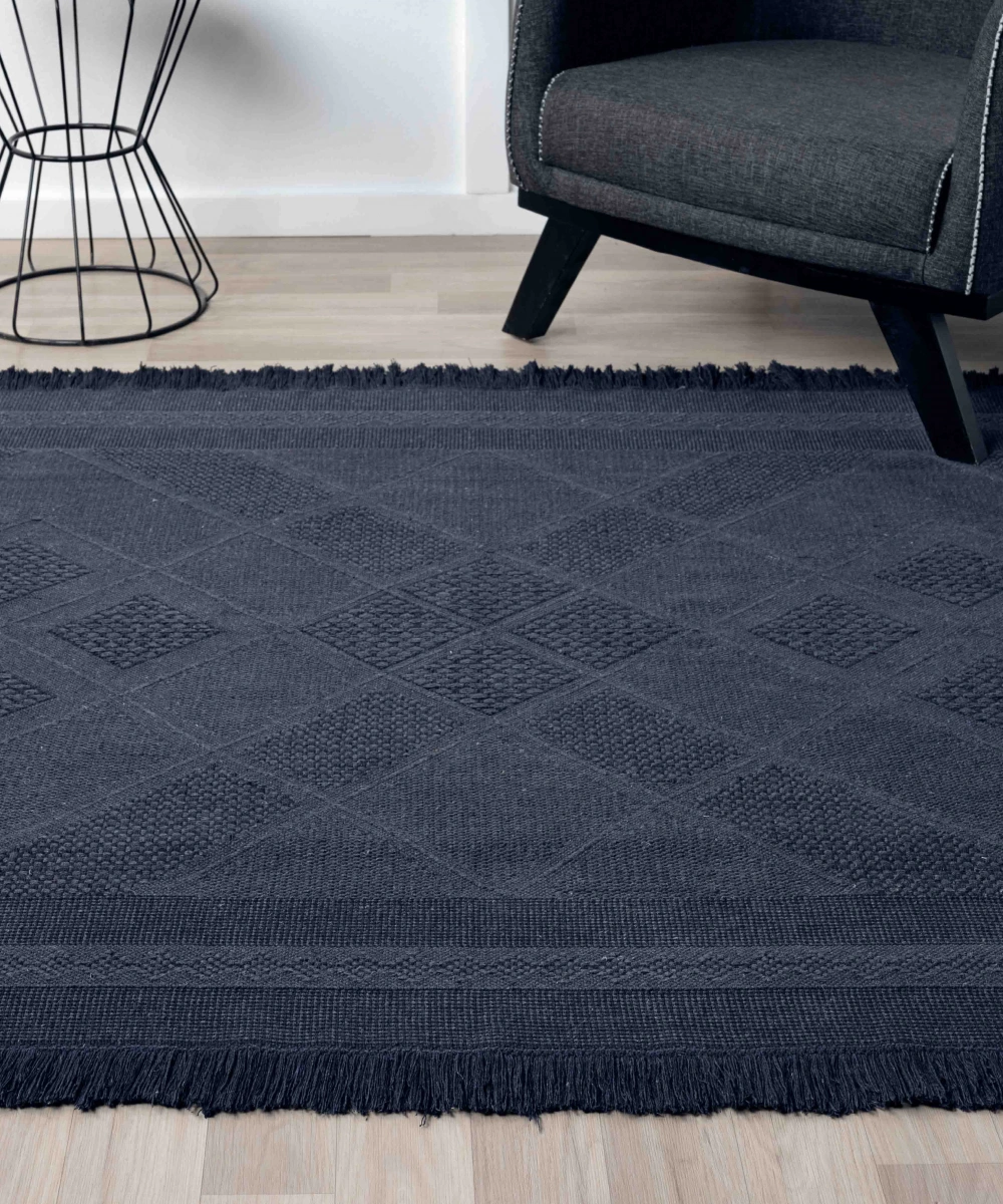 Antique SPT Dark Blue - Dört Tarafı Saçaklı Pamuklu Yıkanabilir Kilim