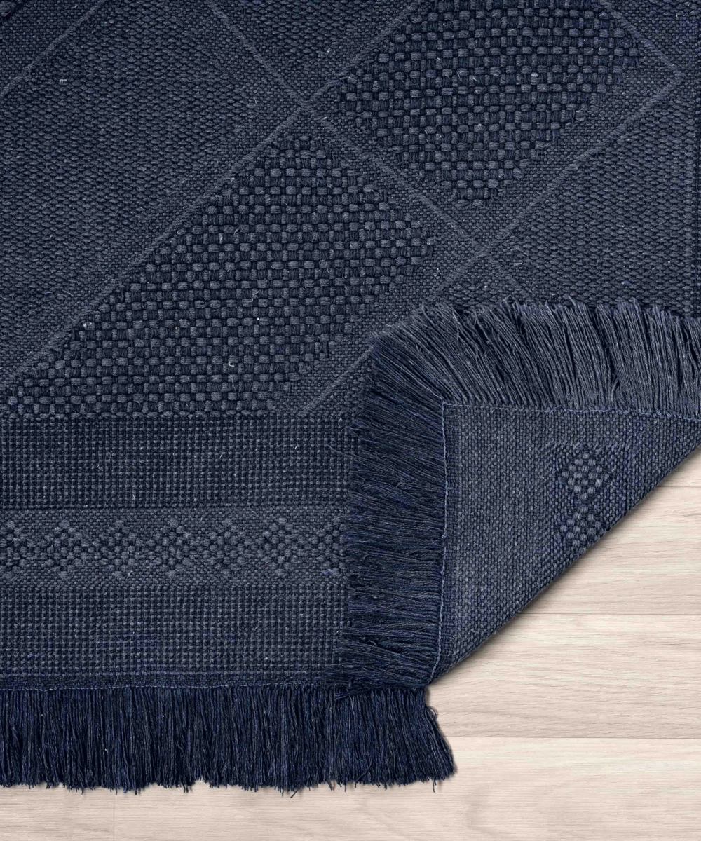 Antique SPT Dark Blue - Dört Tarafı Saçaklı Pamuklu Yıkanabilir Kilim