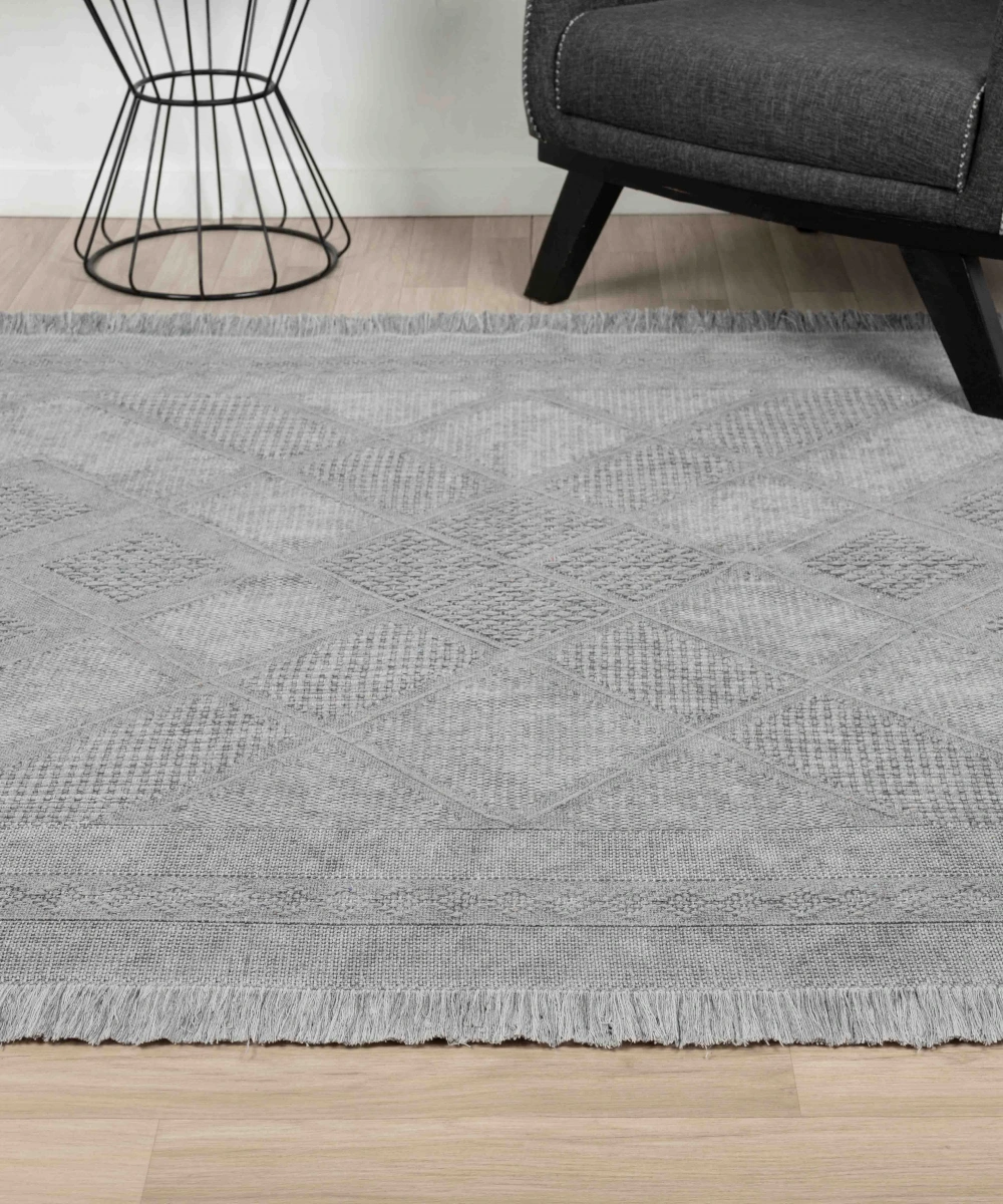 Antique SPT Grey - Dört Tarafı Saçaklı Pamuklu Yıkanabilir Kilim