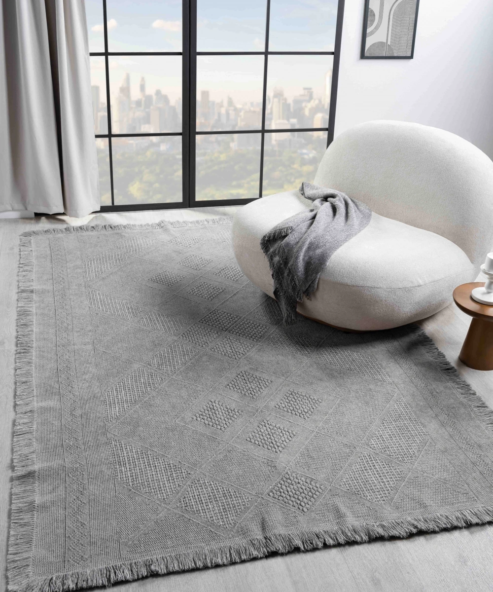 Antique SPT Grey - Dört Tarafı Saçaklı Pamuklu Yıkanabilir Kilim