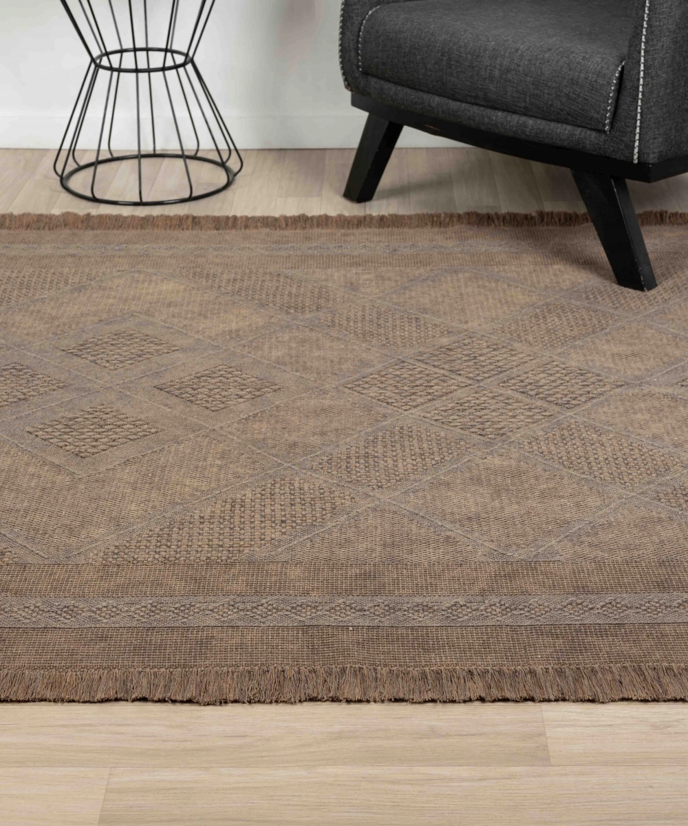 Antique SPT Light Brown - Dört Tarafı Saçaklı Pamuklu Yıkanabilir Kilim