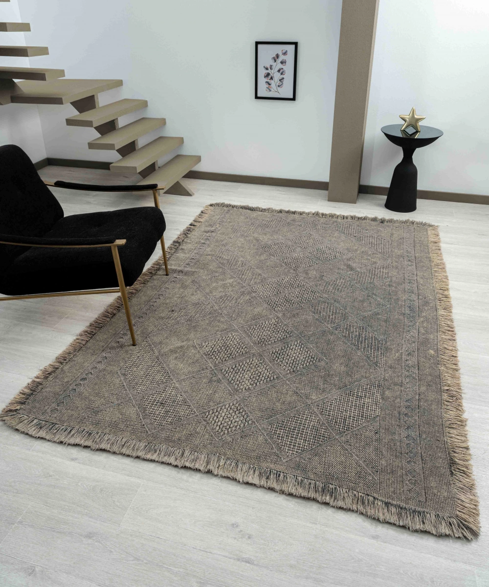 Antique SPT Stone - Dört Tarafı Saçaklı Pamuklu Yıkanabilir Kilim