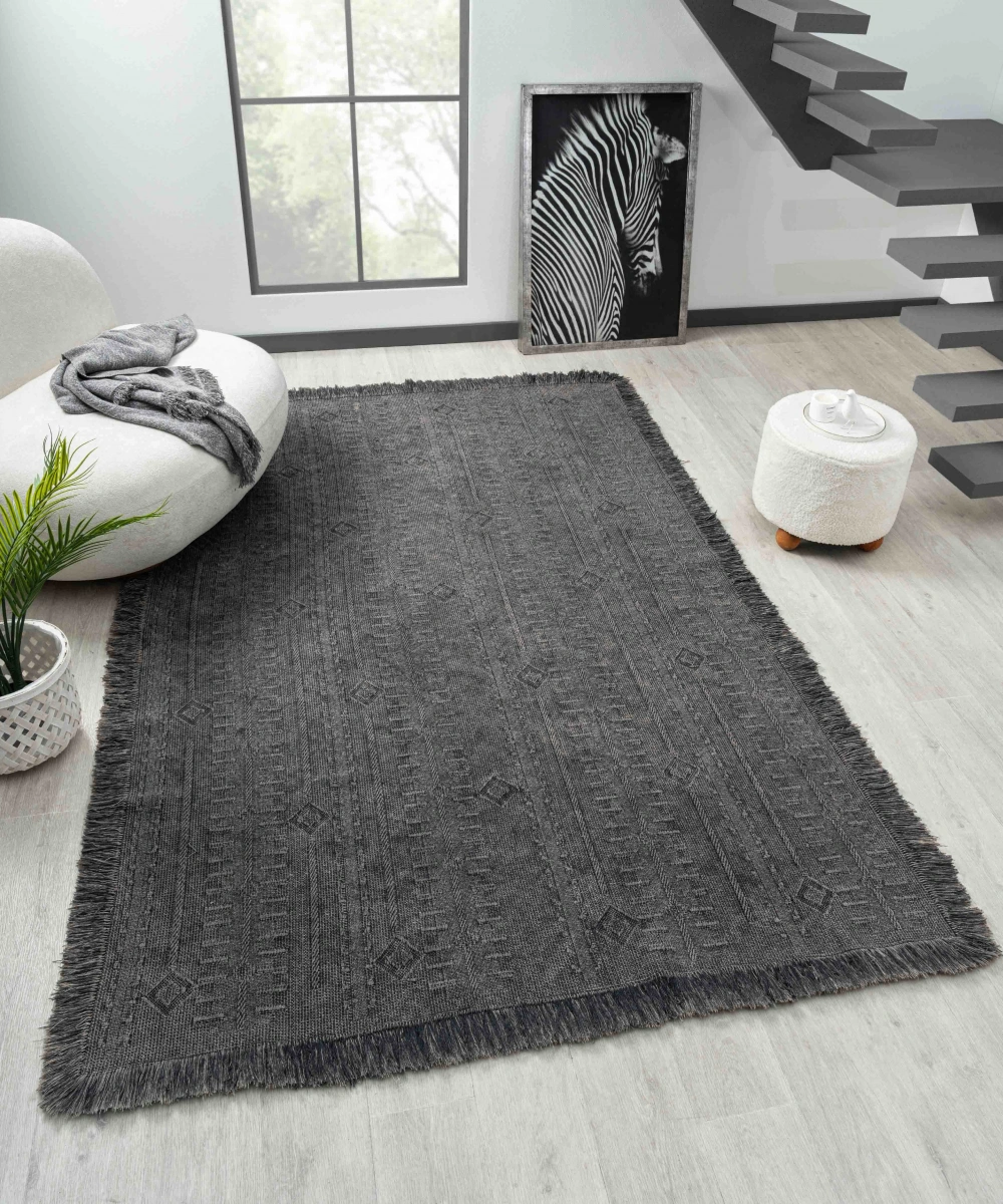 Antique TRK Antrasit Grey - Dört Tarafı Saçaklı Pamuklu Yıkanabilir Kilim