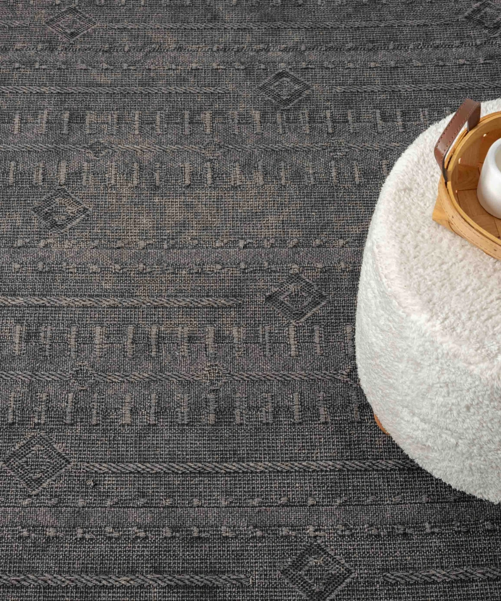 Antique TRK Antrasit Grey - Dört Tarafı Saçaklı Pamuklu Yıkanabilir Kilim