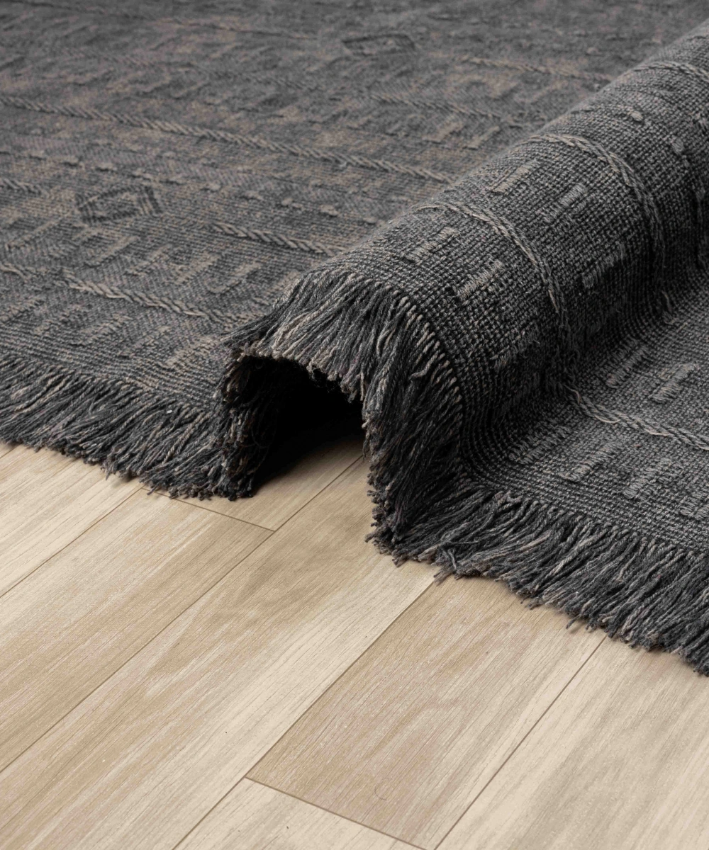 Antique TRK Antrasit Grey - Dört Tarafı Saçaklı Pamuklu Yıkanabilir Kilim