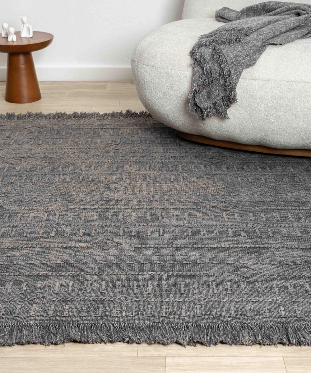 Antique TRK Antrasit Grey - Dört Tarafı Saçaklı Pamuklu Yıkanabilir Kilim