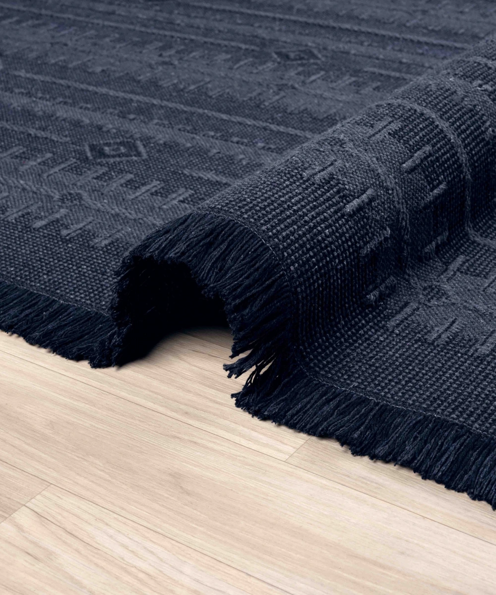 Antique TRK Dark Blue - Dört Tarafı Saçaklı Pamuklu Yıkanabilir Kilim