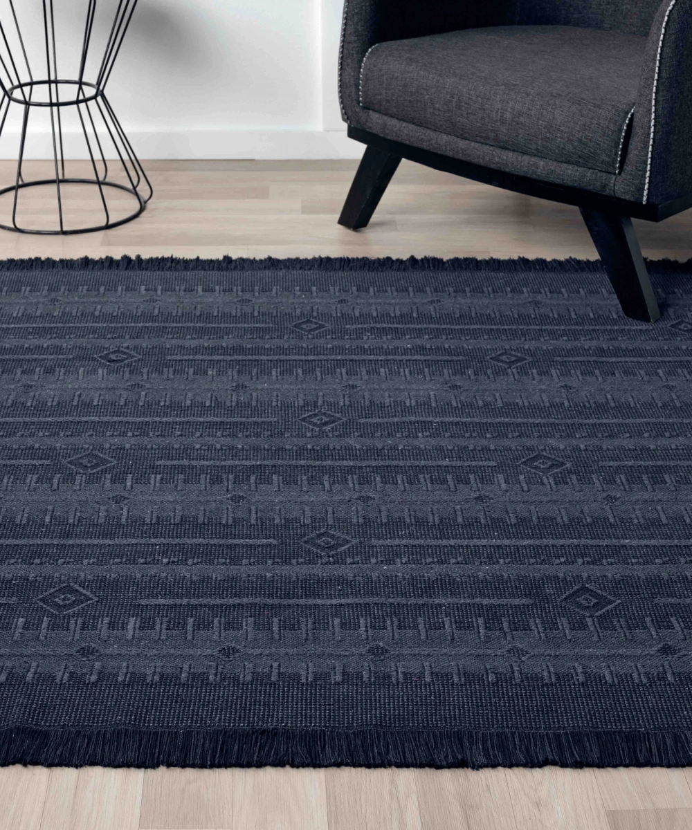 Antique TRK Dark Blue - Dört Tarafı Saçaklı Pamuklu Yıkanabilir Kilim