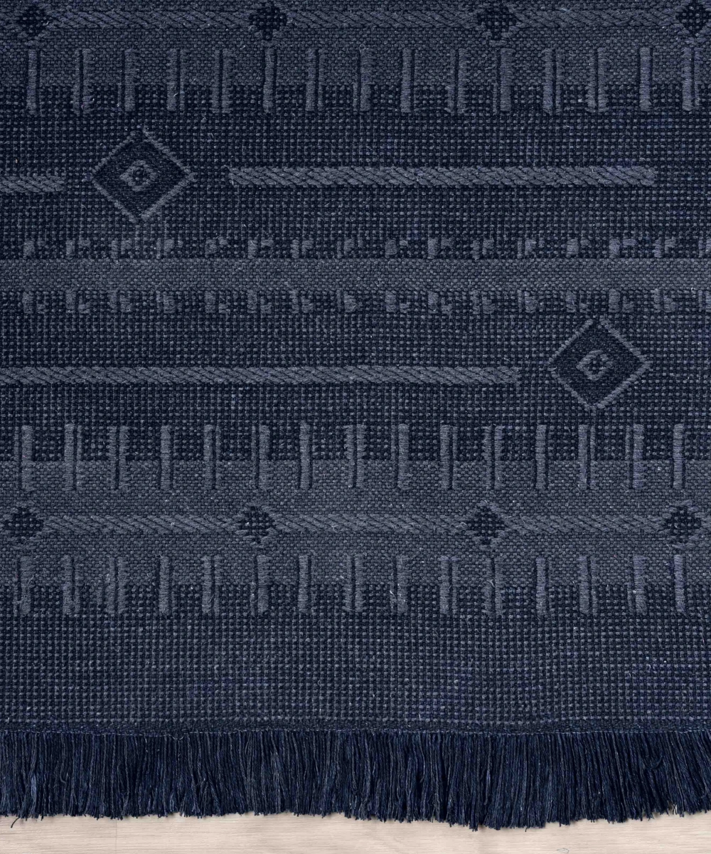 Antique TRK Dark Blue - Dört Tarafı Saçaklı Pamuklu Yıkanabilir Kilim