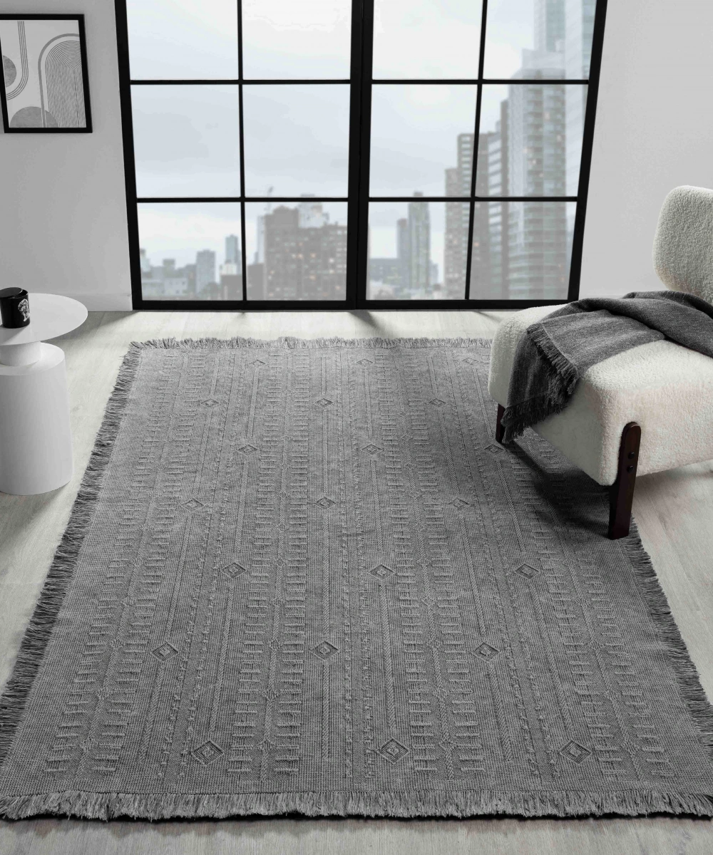 Antique TRK Grey - Dört Tarafı Saçaklı Pamuklu Yıkanabilir Kilim