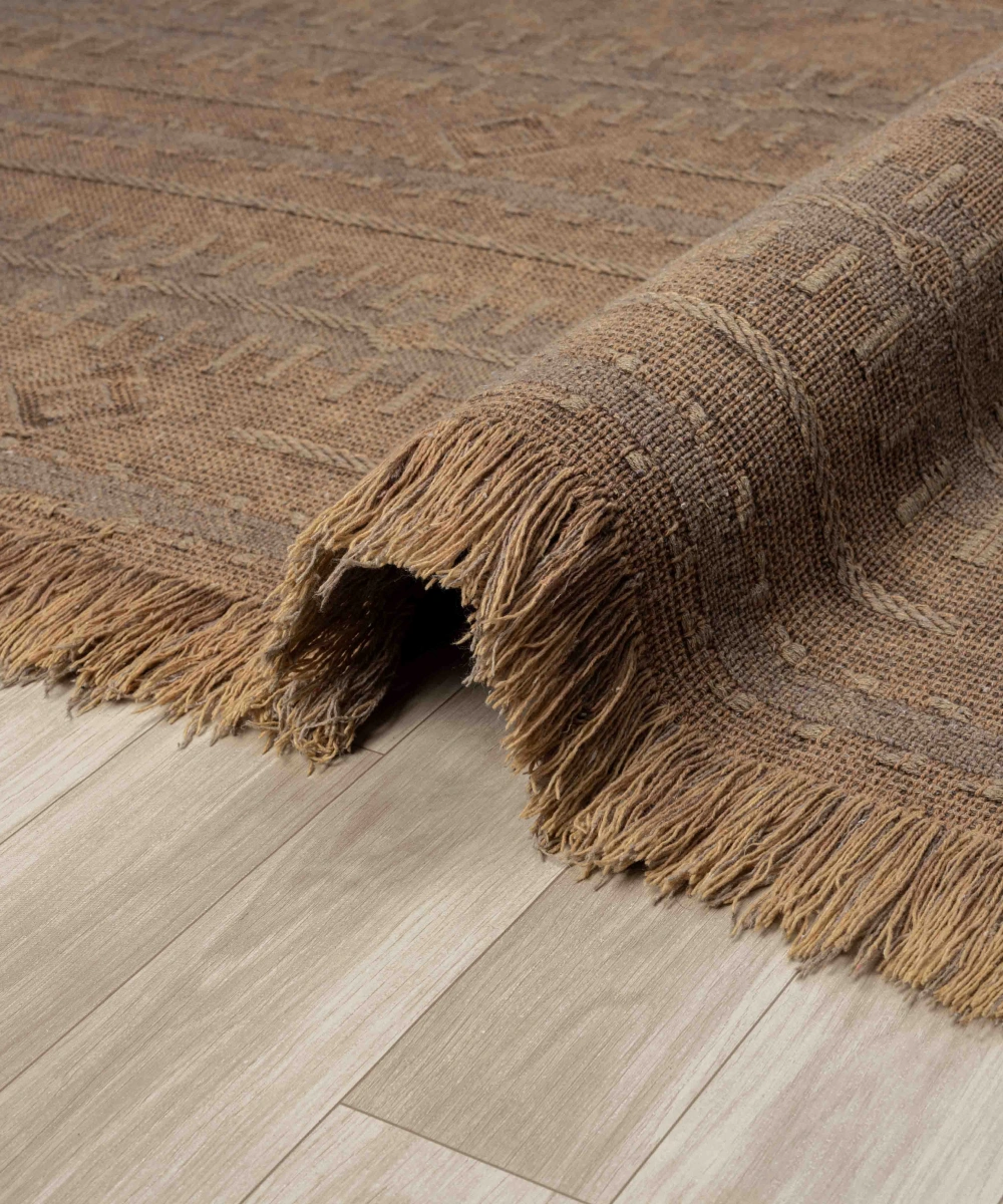 Antique TRK Light Brown - Dört Tarafı Saçaklı Pamuklu Yıkanabilir Kilim