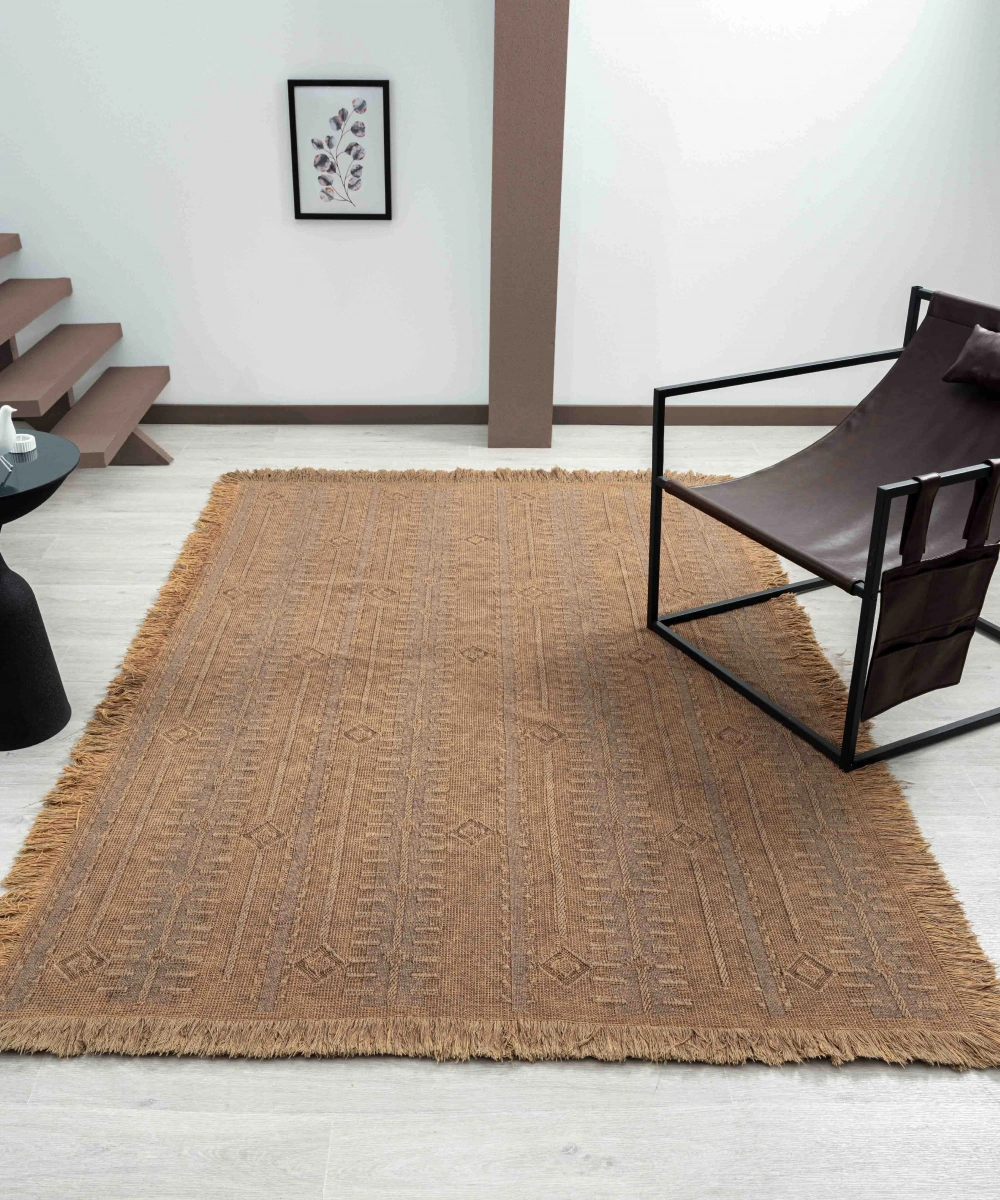 Antique TRK Light Brown - Dört Tarafı Saçaklı Pamuklu Yıkanabilir Kilim