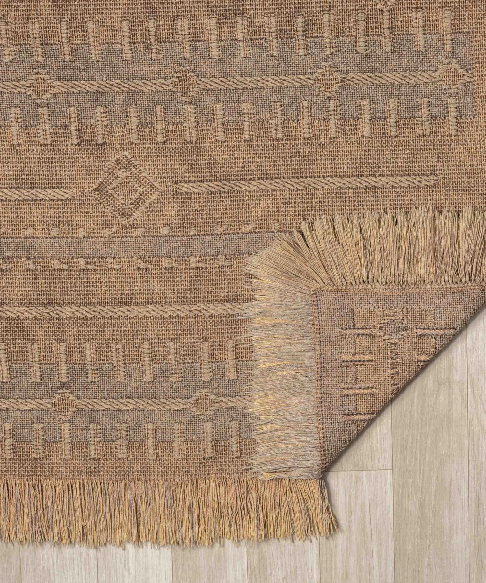 Antique TRK Light Brown - Dört Tarafı Saçaklı Pamuklu Yıkanabilir Kilim