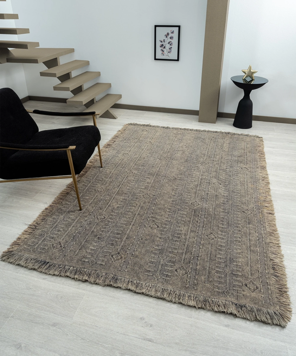 Antique TRK Stone - Dört Tarafı Saçaklı Pamuklu Yıkanabilir Kilim