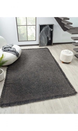 Antique PRM Antrasit Grey - Dört Tarafı Saçaklı Pamuklu Yıkanabilir Kilim