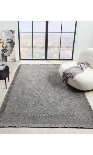 Antique PRM Grey - Dört Tarafı Saçaklı Pamuklu Yıkanabilir Kilim